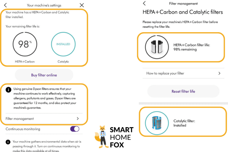 Man sieht die Einstellungen der MyDyson App und die restliche Lebensdauer der Luftfilter des Dyson Purifier Hot+Cool Formaldehyde HP09 im Filter Management.